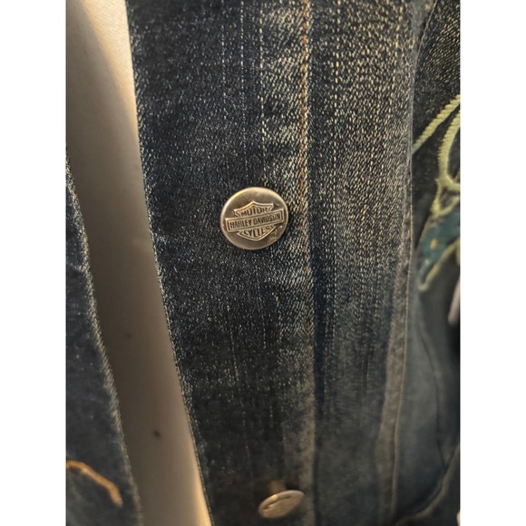 Harley Davidson Womens Denim Jacket‎ Embroidered Flowers Bird Red Script Size S - Picture 8 of 8